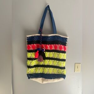 Fabulous MJ Multi Colored Crochet Pom Pom Tassel Button Clasp Large Tote Bag